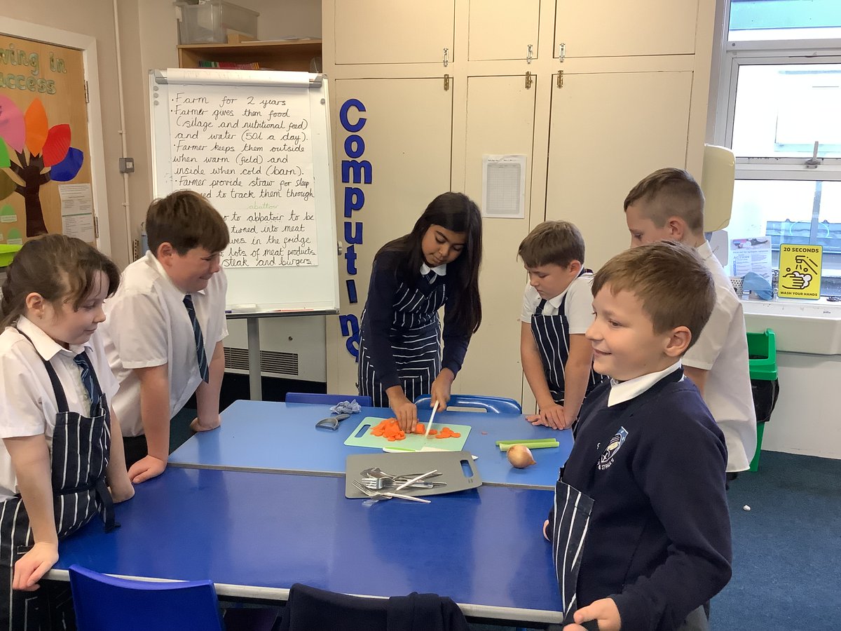 OLSP_Heywood's tweet photo. Year 5 have enjoyed making spaghetti bolognese today in their cooking and nutrition unit. They have learnt about how our meat journeys from farm to fork and methods to chop vegetables safely. #olspdesigntechnology @CSEL_STOC https://t.co/qIYZChLqek
