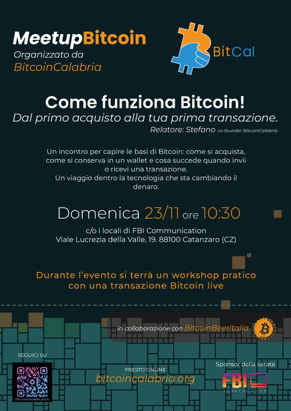 BitcoinCalabria's tweet photo. "Come funziona Bitcoin! Dal primo acquisto alla tua prima transazione."

Secondo meetup organizzato da BitcoinCalabria.
Un incontro pensato per chi vuole capire in modo semplice e concreto come funziona #Bitcoin 

Domenica 23/11 ore 10:30
Viale Lucrezia della Valle, 19. Catanzaro https://t.co/a7i1bA4Nnr