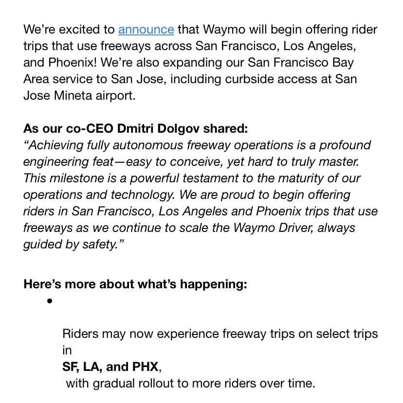INBOX: Waymo driverless vehicles will start using freeways during trips in Phoenix. 

The press release says Waymo has been testing freeway trips with employees &amp; guests for over a year.

<a href="/12News/">12 News</a>