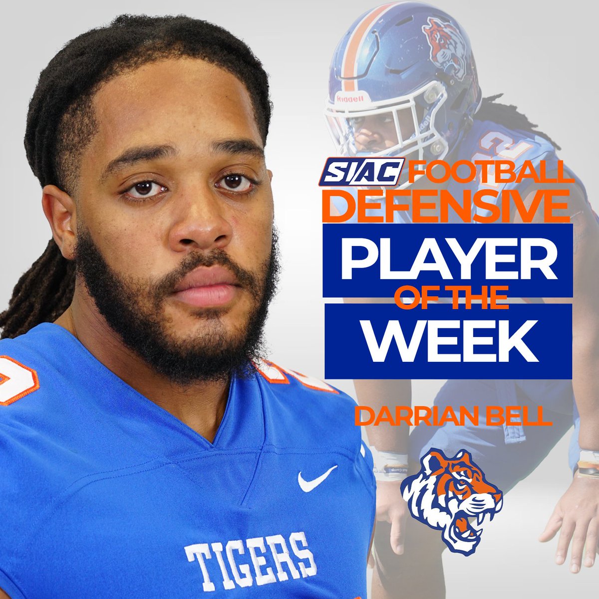 Congratulations again are in order for <a href="/SavannahStateFB/">Savannah State Football</a> graduate linebacker Darrian Bell, who was named <a href="/TheSIAC/">The SIAC</a> Football Defensive Player of the Week! #HailSSU! #ClawDown!🐅🔵🟠🏈