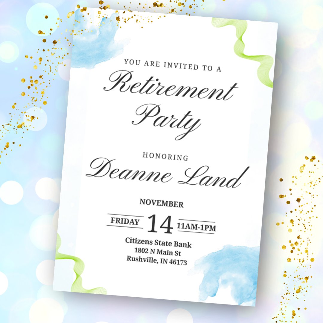 CSB_Indiana's tweet image. This Friday, you&apos;re invited to join the community in celebrating Deanne Land&apos;s retirement! Thank you for all you&apos;ve done Deanne and we wish you the very best! 
*
Citizens State Bank. Member FDIC.