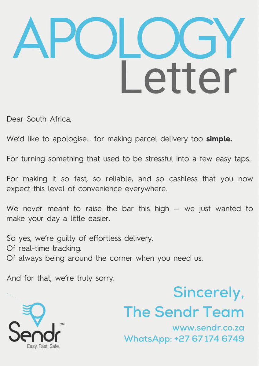 Sendrsa's tweet image. OFFICIAL APOLOGY 💙
We’d like to apologise for making deliveries too easy.
Fast, trackable, cashless — we know, we overdid it.
Our bad. 😉

— The Sendr Team
📦 sendr.co.za

#Sendr #ApologyLetterTrend #DeliveryMadeSimple