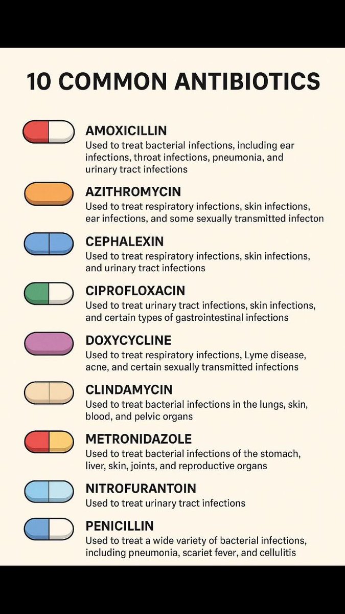 9 COMMON ANTIBIOTICS

AMOXICILLIN
Used to treat bacterial infections, including ear infections, throat infections, pneumonia, and urinary tract infections

AZITHROMYCIN
Used to treat respiratory infections, skin infections, ear infections, and some sexually transmitted infecton