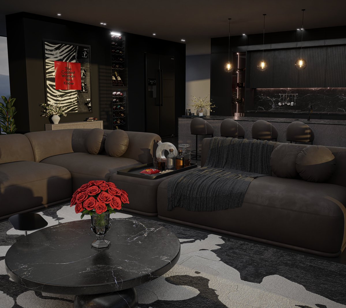 WIP of a darker interior with splashes of red. Having a thing for browns and prints rn. A hidden hills inspired home.