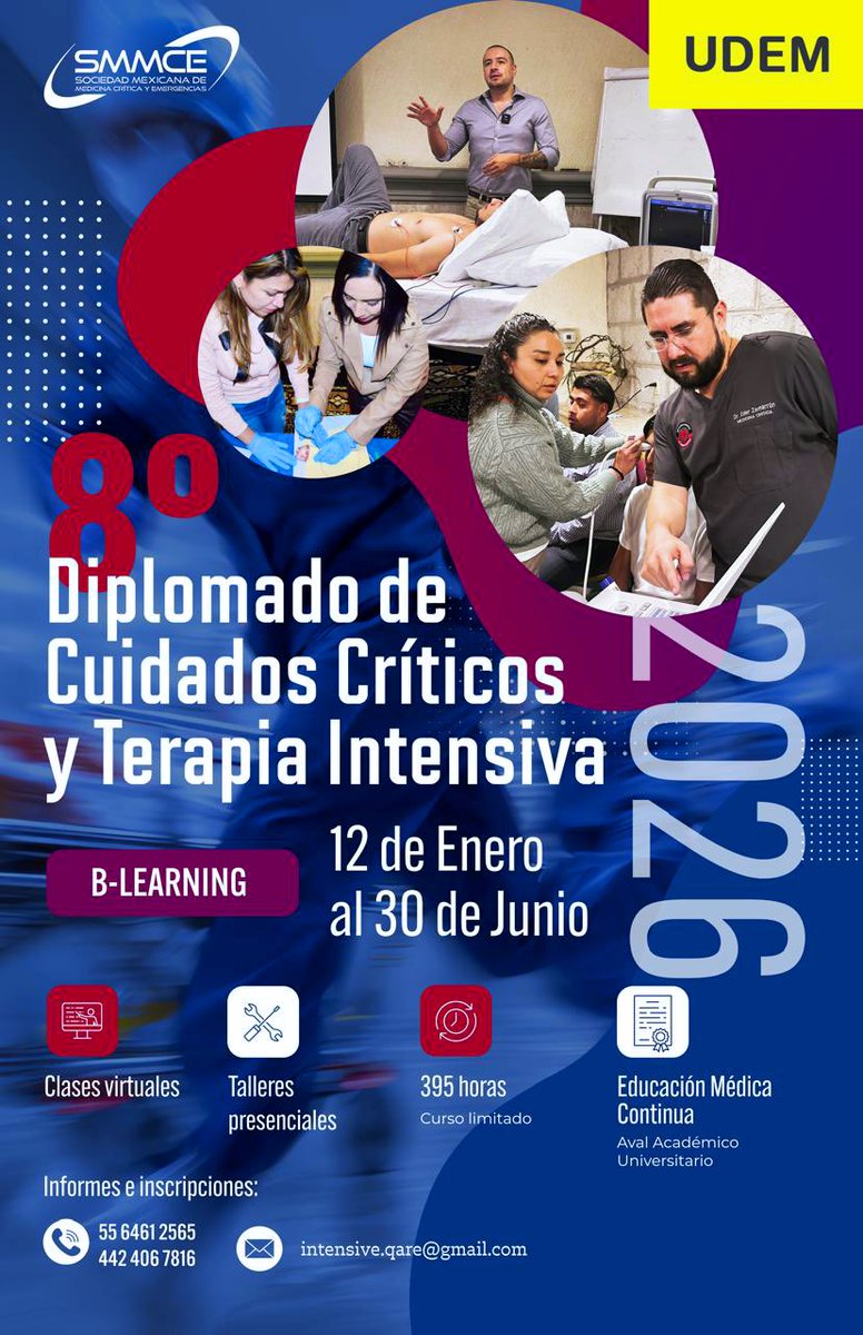 8vo Diplomado en Cuidados Críticos y Terapia Intensiva 

🫁  Respiratorio y VM
🫀 Cardiocrítica y Hemodinamia
🧠 Neurocrítica y Neuromonitoreo
🔊 POCUS en paciente crítico 
🦠 Sepsis e Infecciones Graves
🩻 Trauma Grave
🤰 Obstetricia Crítica
🩸 Choque 
Endócrino crítica, Gastro