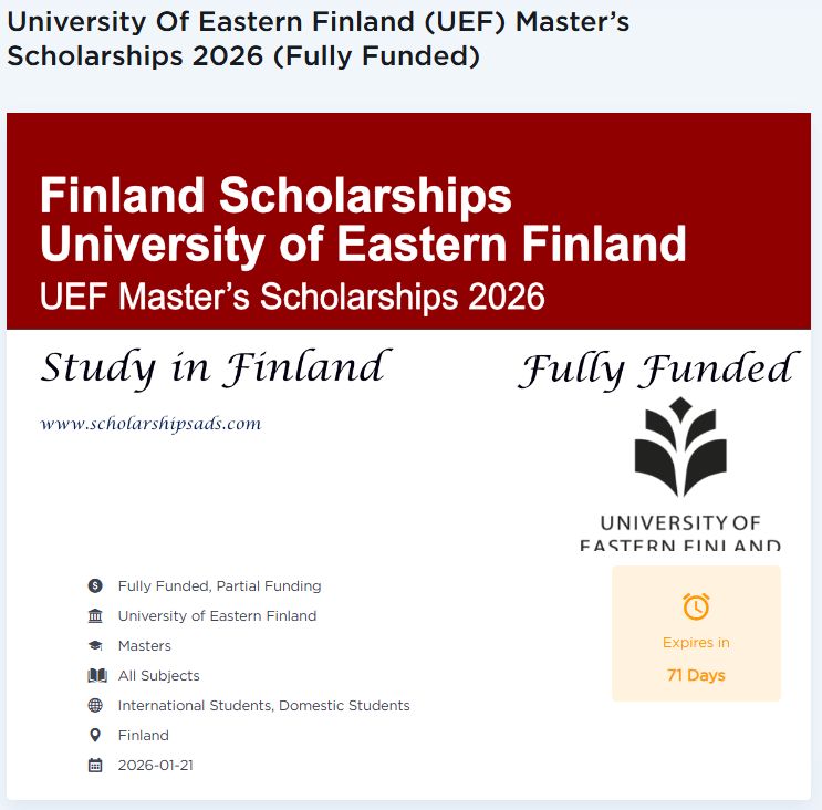 academic__com's tweet photo. 🎓 Fully Funded Opportunity!

Apply for the University of Eastern Finland (UEF) Master’s Scholarships 2026 🇫🇮

Open to international students in business, health, environment &amp; tech fields.

👉 Apply here: https://t.co/9trmmUWNNW

#UEF #StudyInFinland #ScholarshipAlert #Masters https://t.co/QuJUqoUBpX