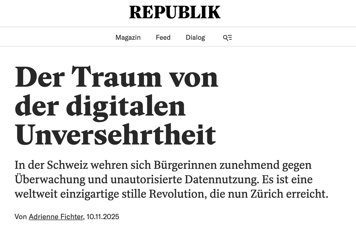 Gestern in der Republik: «‹Digital first› ist ein Narrativ der Big-Tech-Industrie und hat bisher nur Überwachungs­modelle hervorgebracht». Ein gewohnt differenzierter und umfassender Artikel von Adrienne Fichter <a href="/adfichter/">Adrienne Fichter</a> zur #DigitaleIntegrität <a href="/integritaet_ch/">Digitale Integrität Schweiz</a> 

Link: