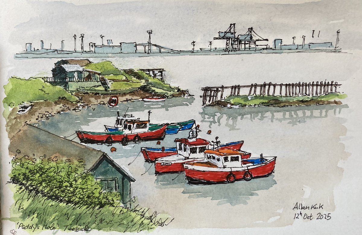 tarnincolour's tweet image. Paddy’s hole, Teesside  UK -  Pen and Watercolour pencils.   Thanks to Malcolm Osman for posting this reference photo.  #sketchbook #urbansketcher #urbansketchers #sketch #urbansketch #sketchtravel #usk #akirk54 #landscapepainting  #watercolour #thedailysketch  #drawing