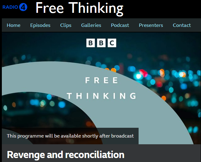 nicholasdwright's tweet photo. Excited to be on @BBCRadio4 @BBCFreeThinking this Friday at 9pm UK time - talking about Revenge and Reconciliation. 
With @annemcelvoy, @officialnhaynes, @SoldierHxtorian, @AndyWPhilosophy and Duncan Wheeler.
https://t.co/cMfuf2EZqW https://t.co/r3ce1GOu3G