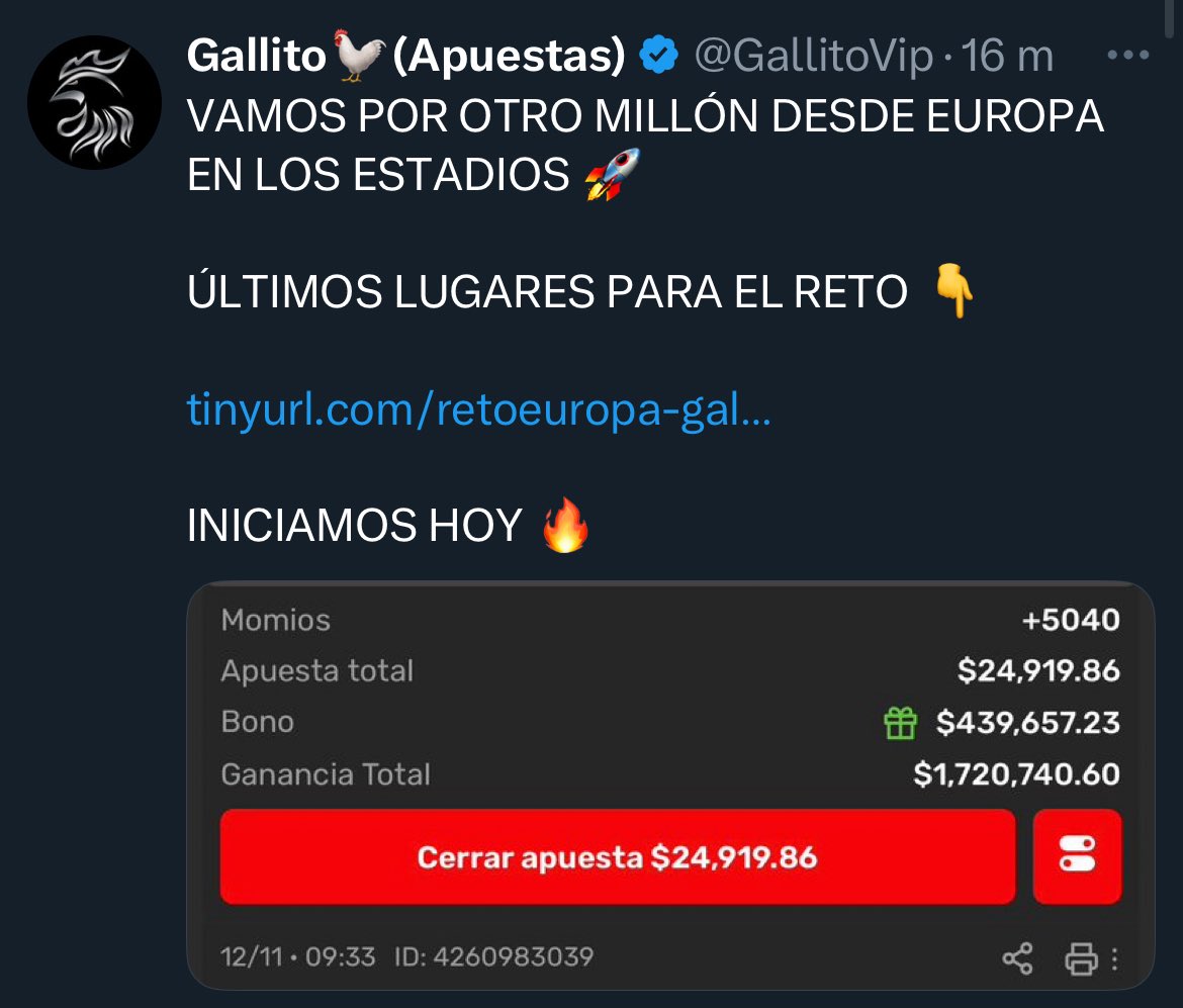 TipstersBetFree's tweet photo. 🔥 ¡Ya tengo el nuevo reto millonario de GallitoVIP! 💰
Y se los voy a soltar GRATIS a quienes comenten, den RT y dejen su like 💬🔁❤️

🚀 ¿Quieres aumentar tus ganancias en Melbet?
👉 https://t.co/yACevaRos0

🎁 Recibe un bono especial en tu primer registro usando el código:
🎯 TIPSTERBETPROMOX