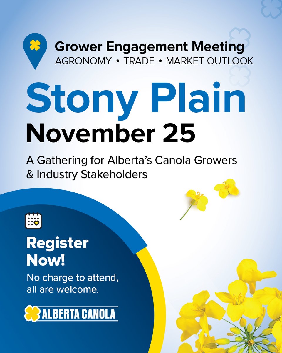 We’re kicking off the Grower Engagement Meeting season in Stony Plain! Join Alberta Canola on Nov. 25 to connect with your regional directors, share your voice, and gain insight into the key issues shaping our canola industry today. tinyurl.com/4e5ss26x #AlbertaAg #WestCdnAg