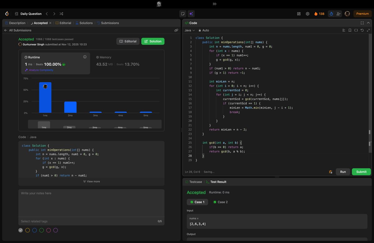 Kunwar609's tweet photo. Day 123 of DSA LeetCode #POTD.    
✅  2654. Minimum Number of Operations to Make All Array Elements Equal to 1

#LearnInPublic #DSA #LeetCode https://t.co/aAoaiGc3Eb