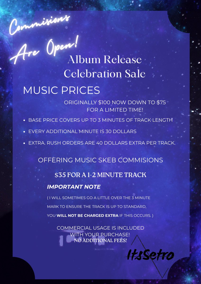 Elysian_Phantom's tweet photo. ::Announcement from the Library::

@DaSetro is OPEN FOR COMMISSIONS!!!

All details in the images below 💕

#vtuber #music #ENVtuber https://t.co/Wm1JfQOdCD