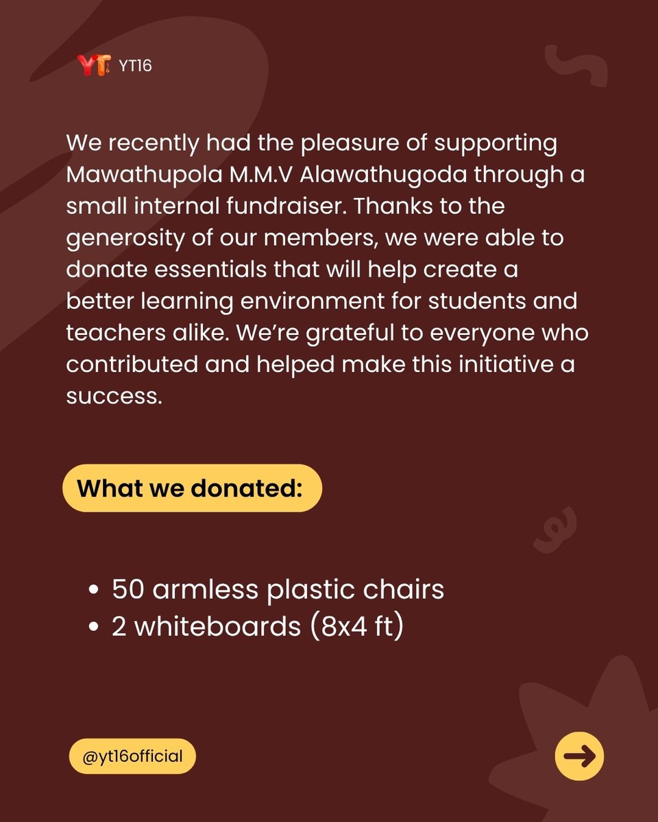 YT16OFFICIAL's tweet photo. On October 21, 2025, we had the privilege of assisting Mawathupola M.M.V. Alawathugoda with essential school supplies. This marks another important milestone in our ongoing commitment to supporting education in Sri Lanka.

#YT16 #LKA 🧡 https://t.co/AE5U8hktVB