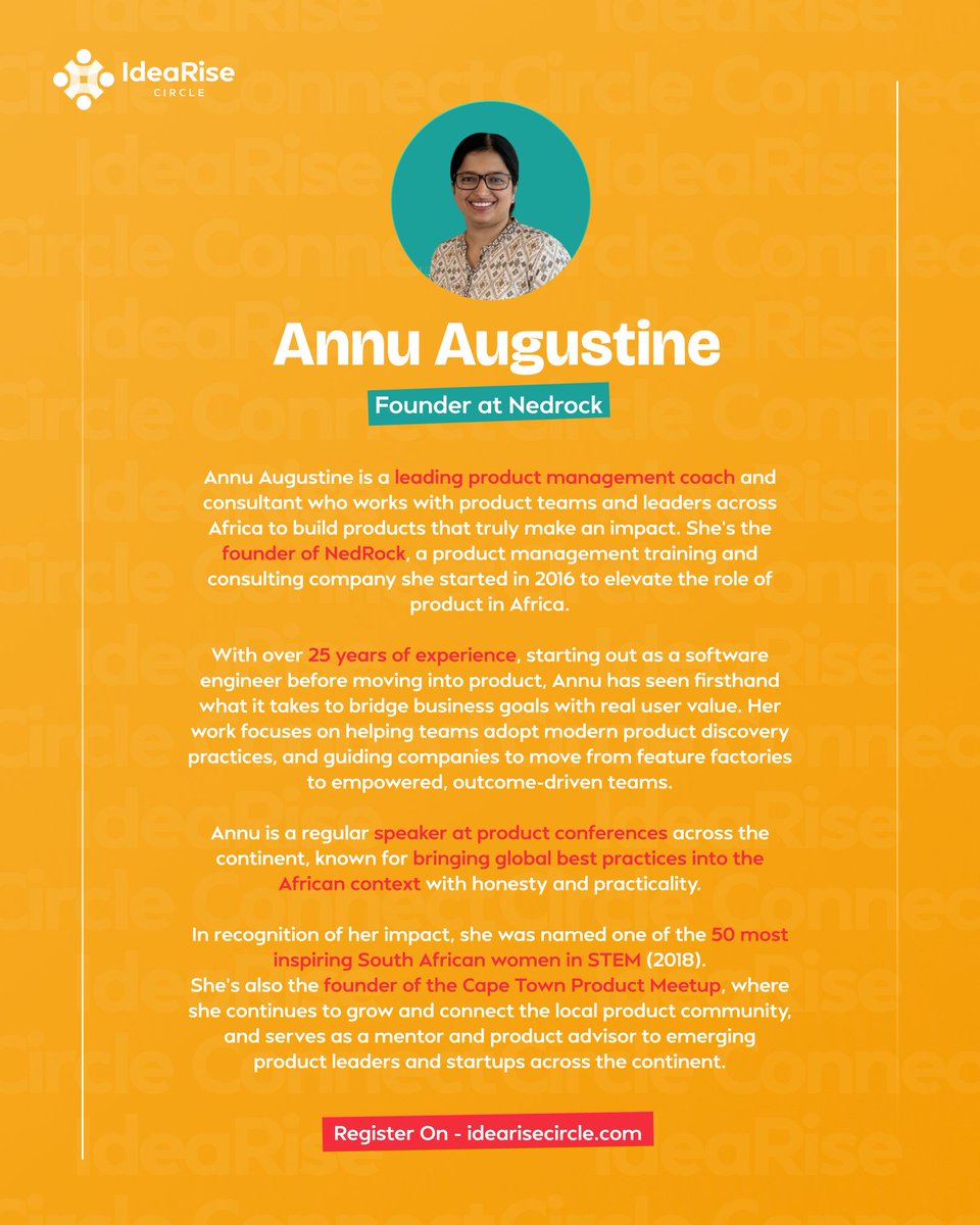 We're happy to introduce IdeaRise Circle's INAUGURAL #CircleConnect  featuring Annu Augustine from @nedrockafrica!

Theme: Product Discovery - Building What Matters. LIMITED SPOTS!

🗓️ Nov 26 - 4PM
📍 <a href="/DigiCenterRW/">Digital Transformation Center Rwanda</a>  
🔗 Register NOW: idearisecircle.sinc.events/idearise-c-2144 
#ProductDiscovery