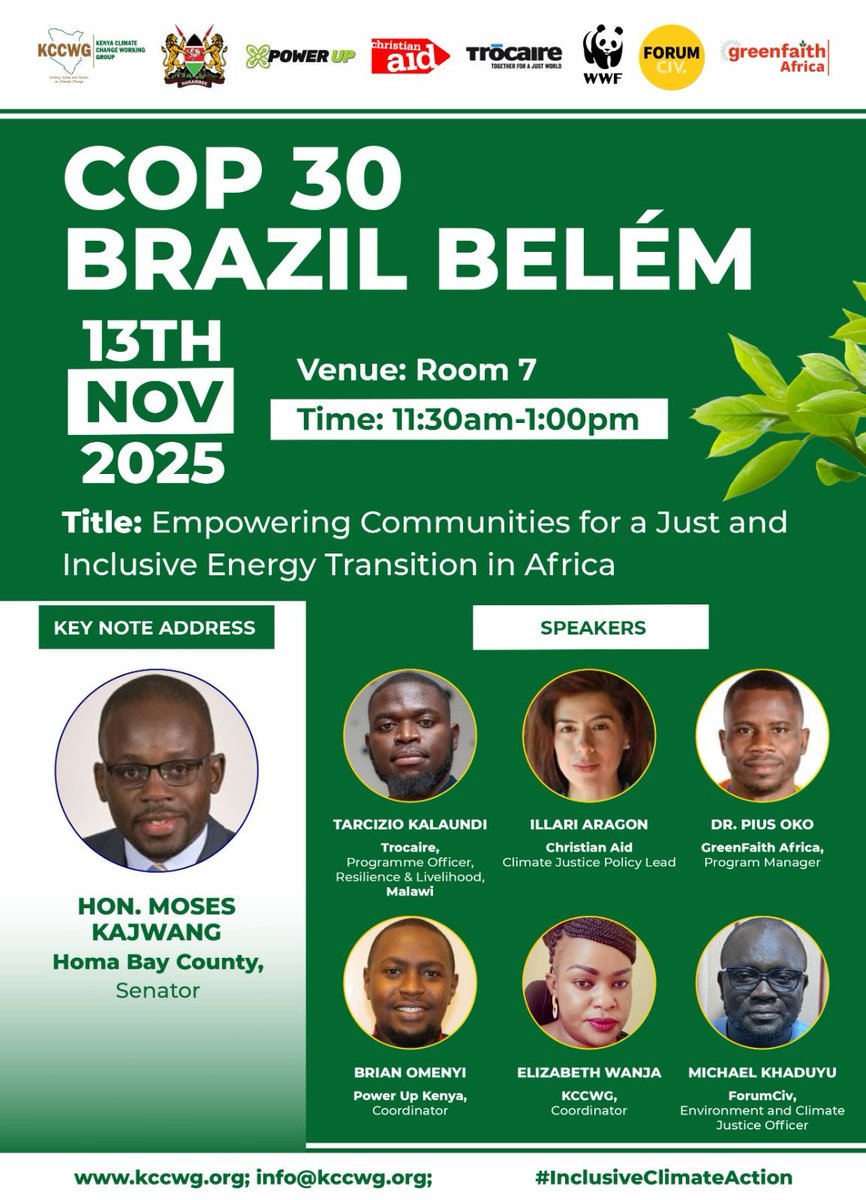 KCCWG's tweet photo. Heading to #COP30 in Belém, Brazil?

Make time for our side event on 13th Nov (11:30am–1:00pm, Room 7) —

“Empowering Communities for a Just and Inclusive Energy Transition in Africa.” 

Hear from inspiring African &amp; global voices driving climate justice and clean energy for all. https://t.co/r5iLoKqHM6