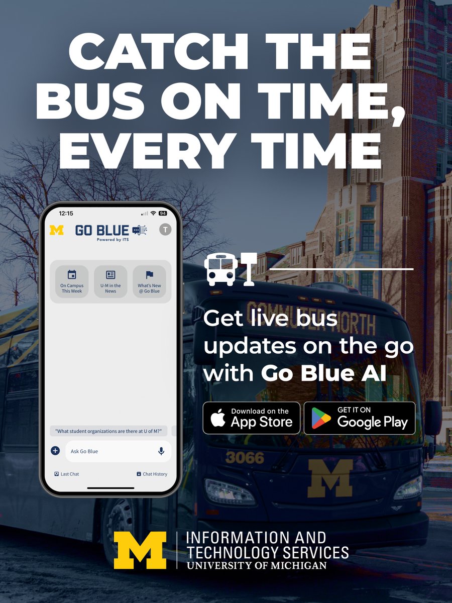 umichTECH's tweet image. Get live bus schedule information right on your phone. Riding around @UMich  campus has never been easier thanks to the Go Blue AI app!

Download it now: goblueai.umich.edu

#GoBlue #GenAI #UniversityOfMichigan