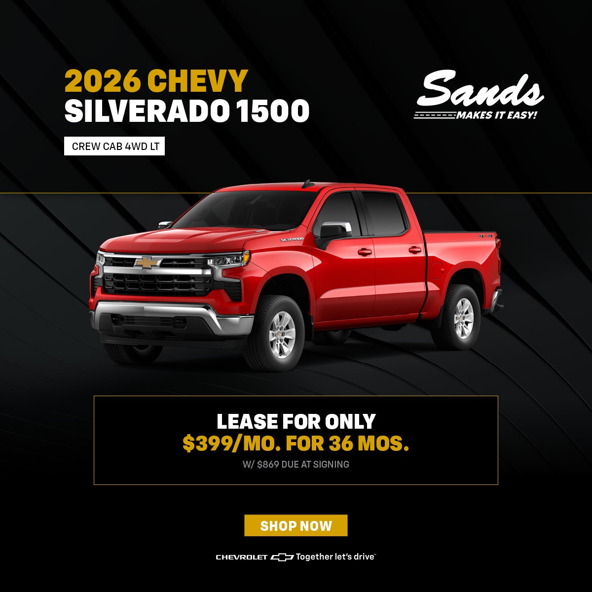 SandsInGlendale's tweet image. 🚗 Lease Alert🚗 Ready to roll? Get behind the wheel of the 2026 Chevrolet Silverado 1500 Crew Cab 4WD LT for just $399/mo for 36 mos with only $869 due at signing! 💥🛻💰 #2026Silverado #TruckLease #ChevyPower

Shop For Yours at 👉 sandsglendale.com/searchnew.aspx…