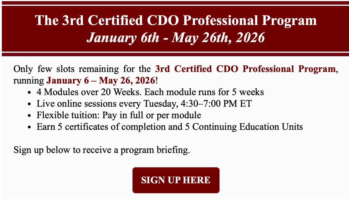 CDOIQ_Program's tweet image. Advance your #data leadership in 2026.
Limited seats left for the 3rd Certified CDO Professional Program (Jan 6–May 26).

📅 20 weeks | 🎓 4 modules + certs | 🕓 Tues 4:30–7 ET

Sign up for a briefing ➡️ champ.ly/xktDw5Vh

#CDO #CDOIQ #CDOIQ2025 #AI #datascience #analytics