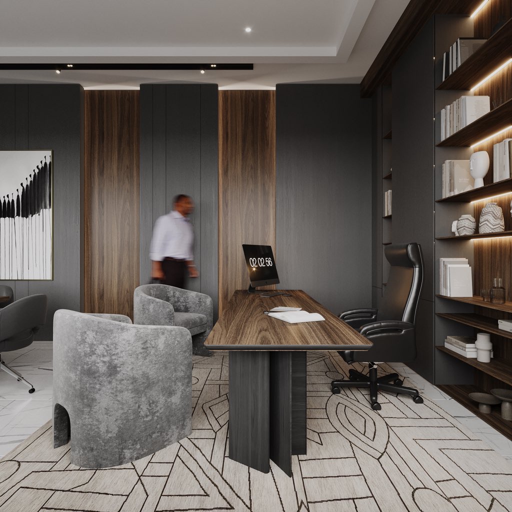 OnakoyaOlufemi1's tweet image. Office ID 
.
.
Employing a sophisticated dark palette, the design skillfully contrasts dark grey paneling with vertical wood accents, adding depth and texture. 

A polished white marble floor in the meeting area transitions to a patterned rug complemented by warm light shelving