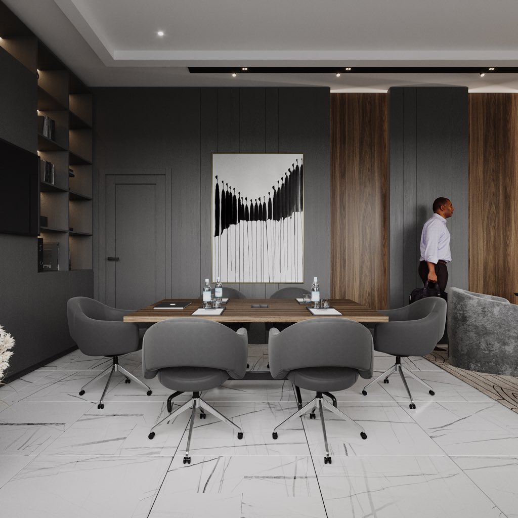 OnakoyaOlufemi1's tweet image. Office ID 
.
.
Employing a sophisticated dark palette, the design skillfully contrasts dark grey paneling with vertical wood accents, adding depth and texture. 

A polished white marble floor in the meeting area transitions to a patterned rug complemented by warm light shelving