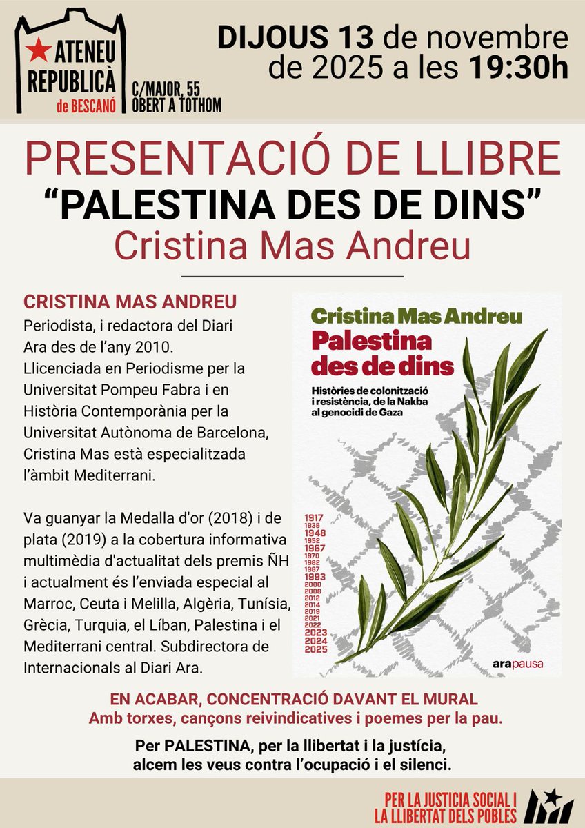 🇵🇸 Aquest dijous 13 a  2/4 de 8 del vespre a l’Ateneu,
Cristina Mas Andreu (ARA) presenta “#Palestina des de dins”
Una crònica des del cor del conflicte i la injustícia. Us hi esprem!! Entrada lliure.
#Bescanó