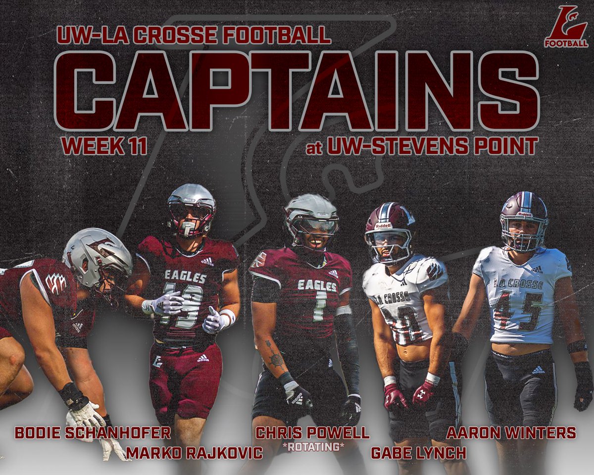 Week 11 Captains 🦅🏈

🦅 Gabe Lynch (RB, Sr.)
🏈 Marko Rajkovic (TE, Sr.)
🦅 Aaron Winters (LB, Sr.)
🏈 Bodie Schanhofer (DL, Sr.)
🦅 Chris Powell (DL, Sr.) *ROTATING*

#TheExperience #d3fb