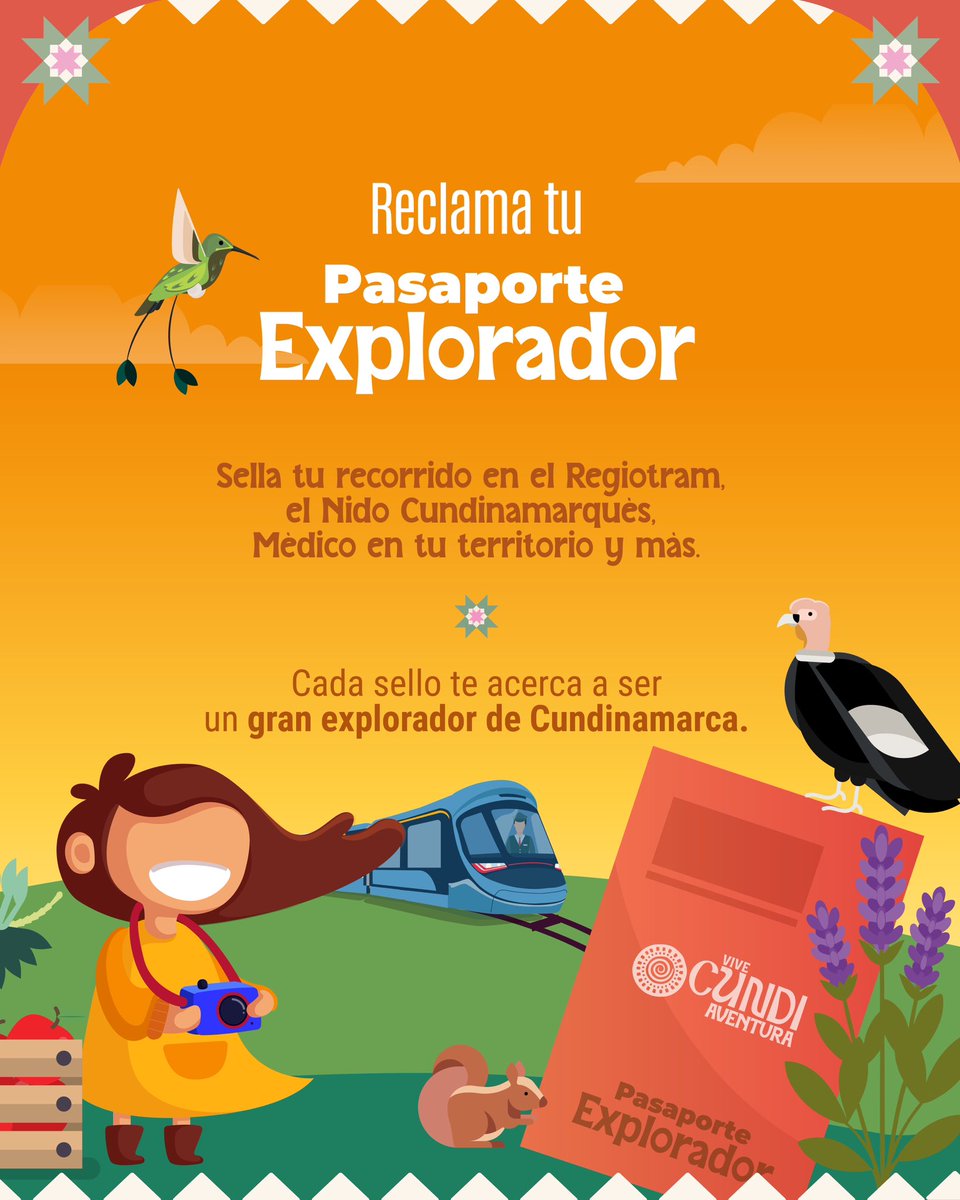 Pasaporte de Explorador
¡Tu aventura comienza con un pasaporte! 🗺️
Sella tu recorrido en el RegioTram, el Nido Cundinamarqués y más.
¡Conviértete en un gran explorador de #Cundinamarca!
#CundiAventura #CundinamarcaFest