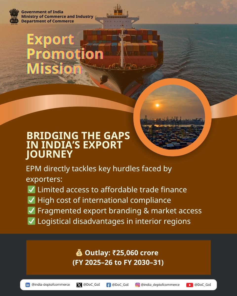pibvijayawada's tweet image. ఫైనాన్స్ యాక్సెస్ నుంచి ప్రపంచ మార్కెట్ చేరువ వరకు — #EPM భారతీయ ఎగుమతిదారులు ఎదుర్కొంటున్న వాస్తవ సవాళ్లను పరిష్కరిస్తూ, బలమైన, స్థితిస్థాపక వాణిజ్య పర్యావరణ వ్యవస్థను నిర్మిస్తుంది.