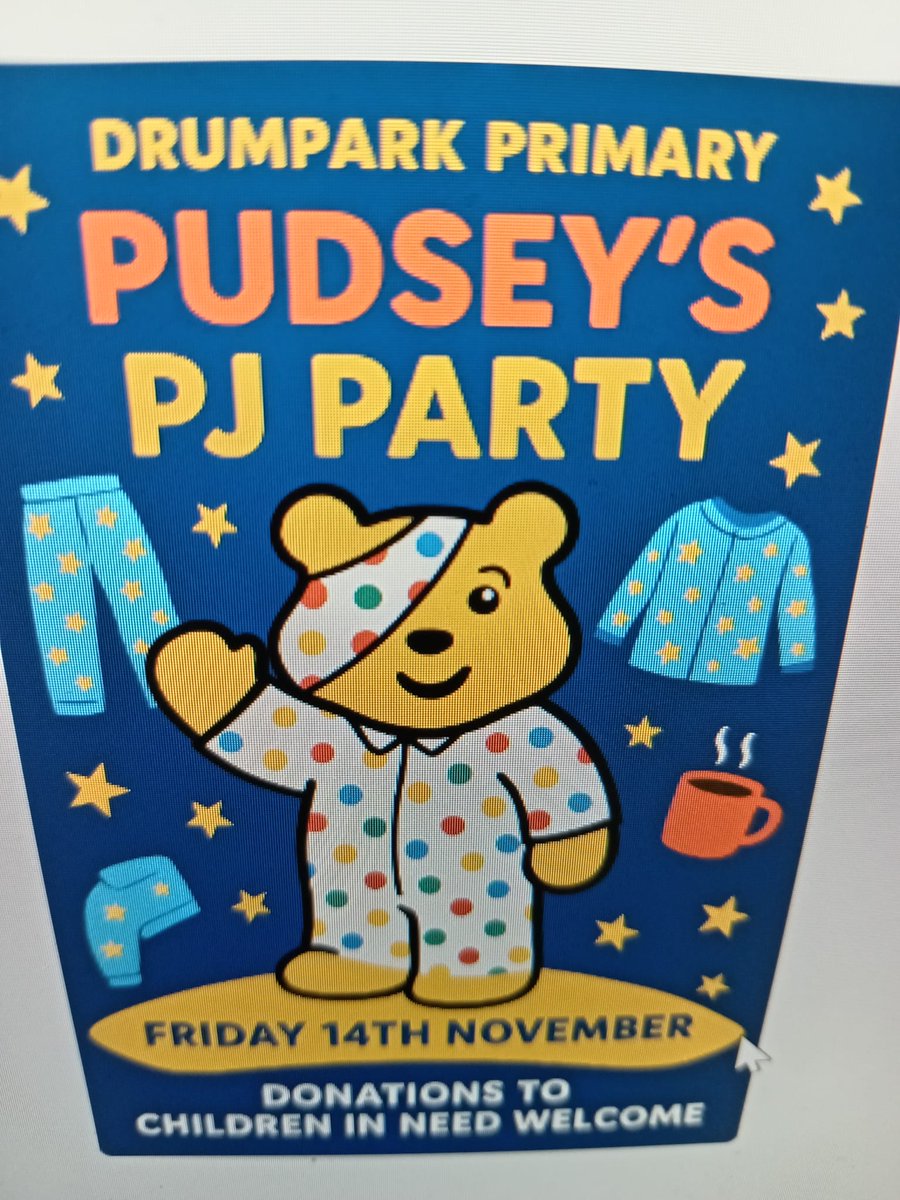 On Friday children are welcome to come to school dressed in spotty clothes or pyjamas to celebrate Children In Need