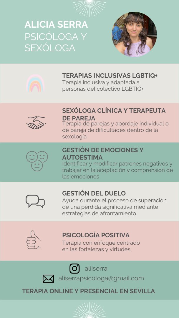 Hola! soy Ali, soy Psicóloga y doy terapia online o presencial en Sevilla.

Si estás buscando Psicóloga no dudes en escribirme 💜

Agradezco difusión porfi, graciias✨