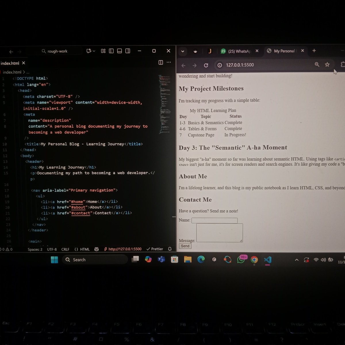 asteech_web3's tweet image. Day7/ 

Wrapped up my foundational HTML challenge 

Today I built a simple full-page blog layout that brings together everything I’ve learned this week; semantics, forms, and tables.

The main lesson? HTML is about meaning, not looks.

My page uses proper structure — &amp;lt;main&amp;gt;,…