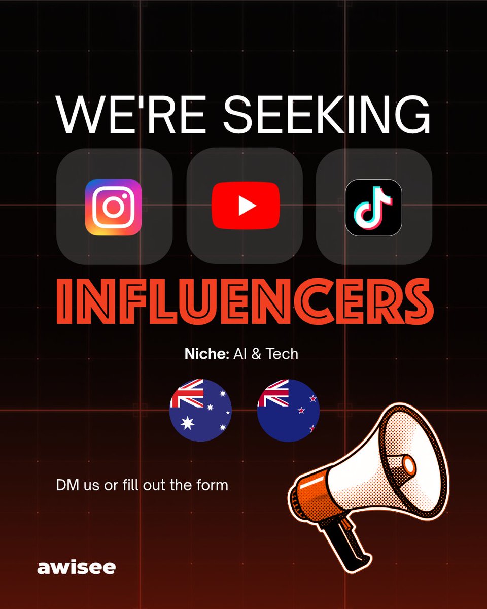 awisee_'s tweet photo. We’re expanding our influencer network!
Are you an AI or Tech creator based in Australia or New Zealand?
We’d love to collaborate with you! 🤝

✨ Join global campaigns with international brands.
📲 DM us or fill out the form: https://t.co/t0c53KfEkm

#Awisee #InfluencerMarketing https://t.co/wj4T66CTaQ
