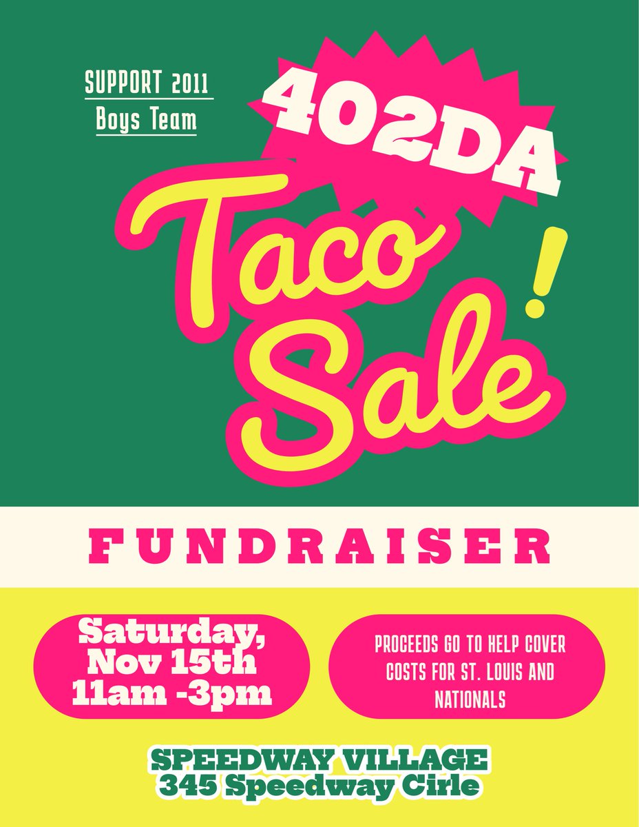 402DA_'s tweet image. 🚨 Support Needed -  Road to Nationals! 🚨

Join us this Saturday, November 15th from 11AM–3PM at Speedway Village for a taco feed fundraiser!

🗓️ Saturday, Nov 15 | 11AM–3PM
💰 All proceeds go toward travel &amp;amp; team expenses for trips to STL and Utah.

#LincolnsTeam