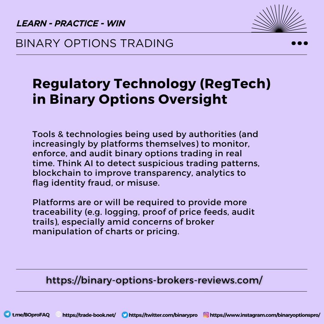 BinaryPro's tweet image. Regulatory technology (RegTech) is changing how regulators and brokers detect and prevent abuse in binary options markets by combining data, automation, and advanced analytics into real-time surveillance.

Modern systems ingest trade feeds, account activity, payment flows and…
