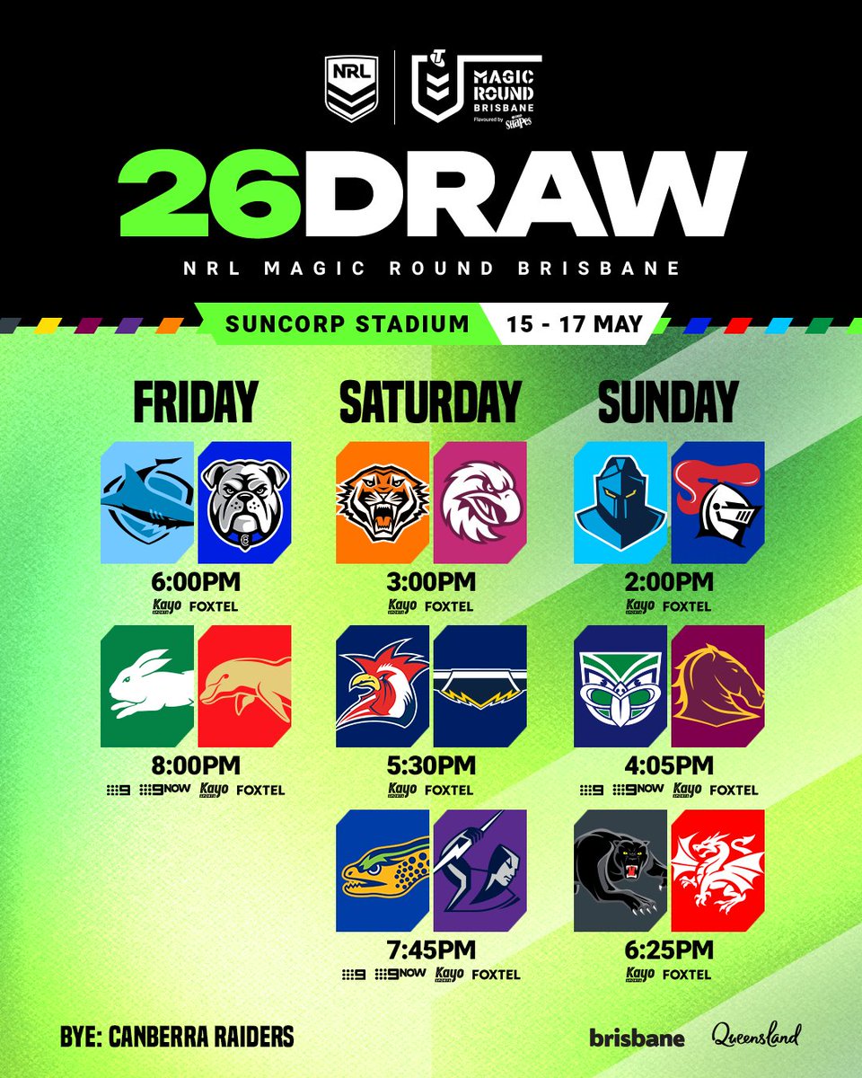 NRL's tweet image. BREAKING 🚨 The schedule has been confirmed for NRL Magic Round Brisbane 2026! 

Tickets on sale from Thursday, 4th December. 🎟️