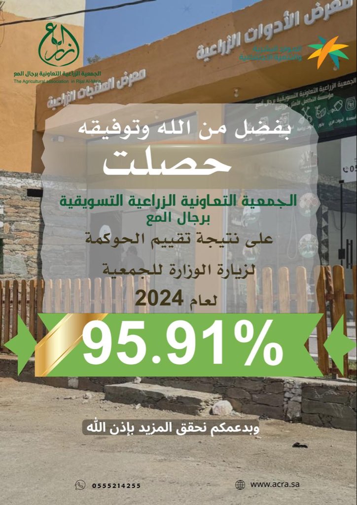 بفضل الله وتوفيقه حصلت الجمعية التعاونية الزراعية التسويقية برجال المع على نسبه ٩٥,٩١ ٪ في تقييم الحوكمة لعام ٢٠٢٤وكانت الطموحات ان نحقق الدرجة النهائية ولكن القادم باذن الله افضل كما حدث هذا العام افضل مما سبقة بدعمكم دائما نرتقي.