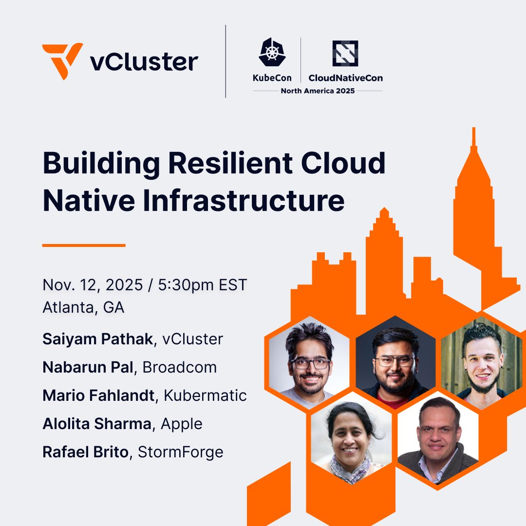 vcluster's tweet image. Resilience isn’t just uptime; it’s what happens after.

Join @SaiyamPathak &amp;amp; panelists from Broadcom, Apple, Kubermatic &amp;amp; StormForge at 5:30 PM EST (Building B | L5 | Ballroom 2–3) to explore real cloud-native resilience at #KubeCon.