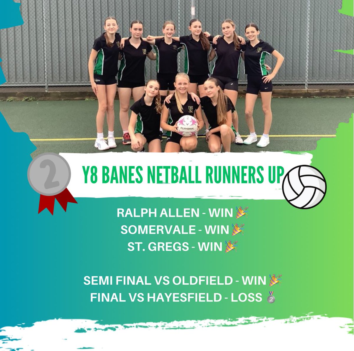 A big well done to our Y8 Netball team who finished 2nd in their BaNES Tournament today!! A very good day of matches!!🏐💚🥈