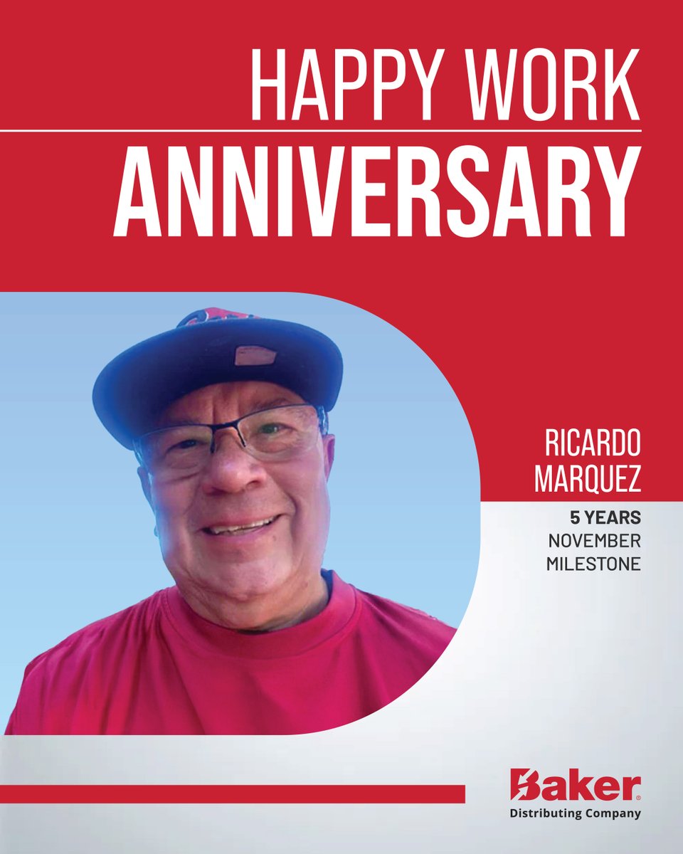 BakerDist's tweet image. Ricardo Marquez, Territory Manager | Bay Area, is celebrating his 5-year work anniversary! His commitment to customer service, teamwork, and growth has made a lasting impact on #TeamBaker. #BakerDistributing #WorkAnniversary #BakerCareers #5YearsStrong
