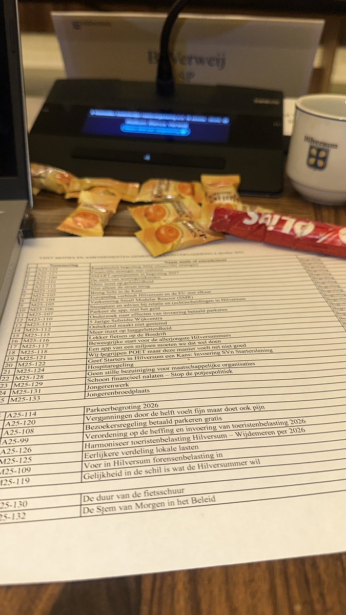 Vergaderen over de Hilversum begroting 2026 34! motie’s en amendementen. Wat dit zegt is dat de gemeenteraadsleden nog veel ideeën hebben over wat ze willen voor en met Hilversum(mers) Waarschijnlijk is dit het begin van een lange avond 🙈