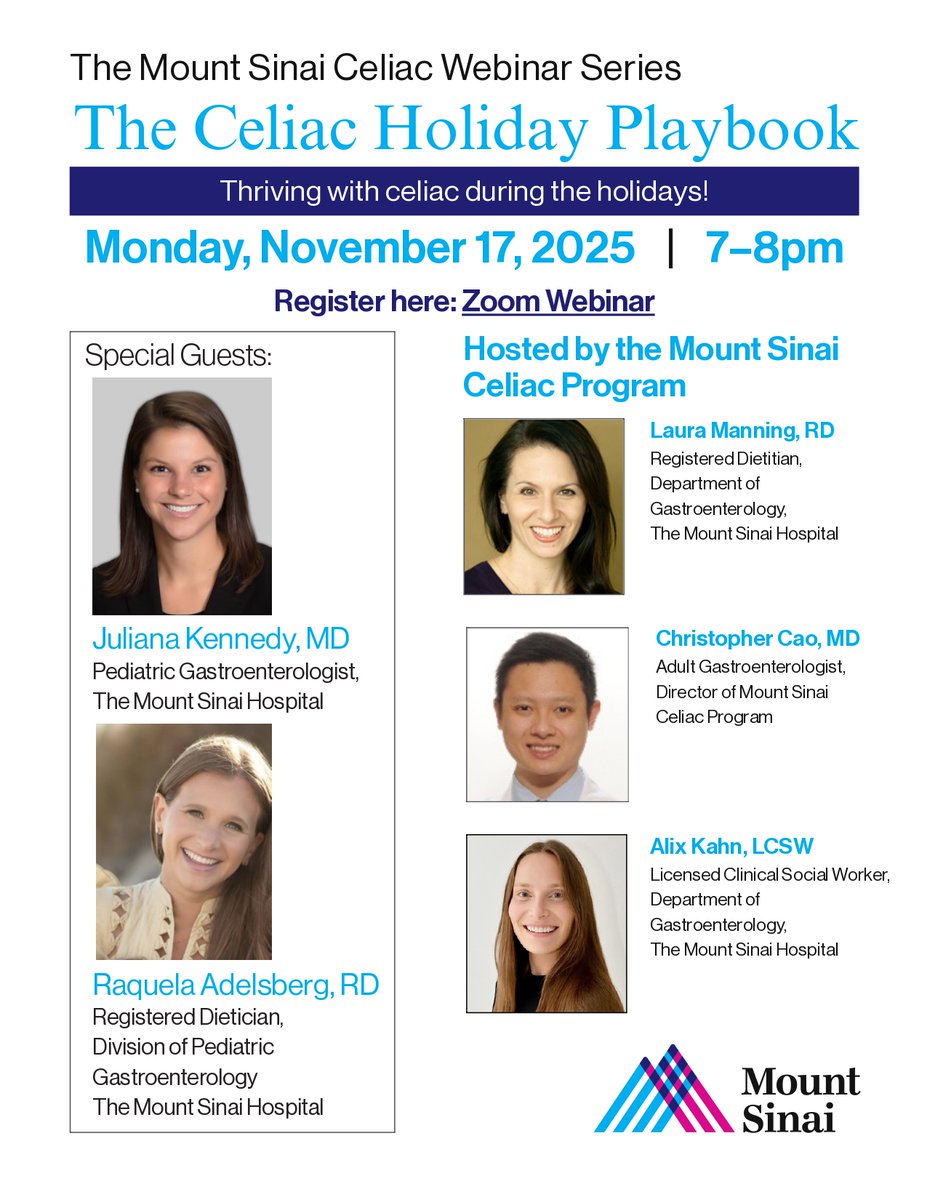 MountSinaiGI's tweet photo. The Celiac Holiday Playbook: Join us for our next Celiac Webinar on November 17 at 7 PM, where we’ll share practical tips and strategies for navigating the holidays with celiac disease — from festive meals to social gatherings.
Register here: https://t.co/Ae72Ajoazc https://t.co/ifhQRY2llg