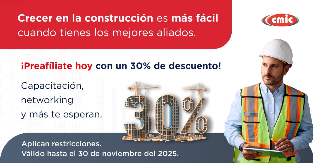 🍂 #Noviembre es el mes para aprovechar el #30% de descuento en tu #preafiliación2026 y formar parte de la red que impulsa a las empresas constructoras en todo México.

👉 Preafiliate hoy: cmic.org.mx/cmic/afiliacio…

*Aplica restricciones.
Válido hasta 30 de noviembre de 2025