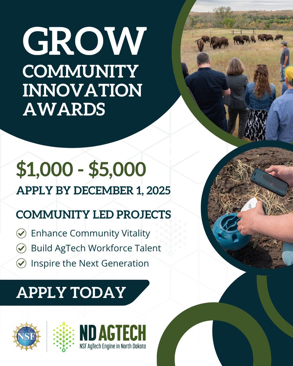 NDAgTechEngine's tweet image. Big ideas start locally. The NSF AgTech Engine in ND is accepting proposals for GROW Community Innovation Awards of up to $5,000 to fund small-scale, high-impact AgTech workforce projects.
Apply by Dec. 1 → ndstate.co1.qualtrics.com/jfe/form/SV_3f…