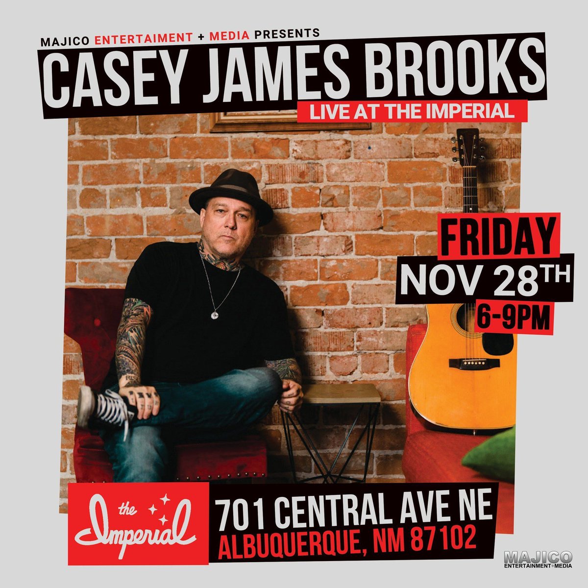 MajicoEnt's tweet photo. 🎶 Fri, Nov 28 | 6–9 PM
Casey James Brooks live at The Imperial! 🎸
Soulful folk vibes &amp; acoustic favorites from Willie Nelson to Prince. 🍸 Cocktails + 🌮 Food Hall eats.
#LiveAtTheImperial #MajicoEnt https://t.co/B1DuVtfNWu