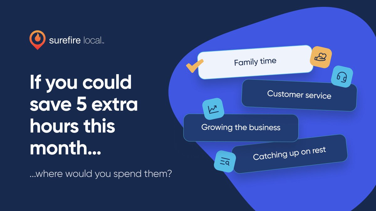 SurefireLocal's tweet image. If you could save 5 extra hours this month, where would you use them?

✅  Family
✅  Customer service
✅  Growing the business
✅  Rest

Our platform gives you those hours back by reducing marketing busywork. 

Schedule your demo before the holiday rush: info.surefirelocal.com/lp/demo