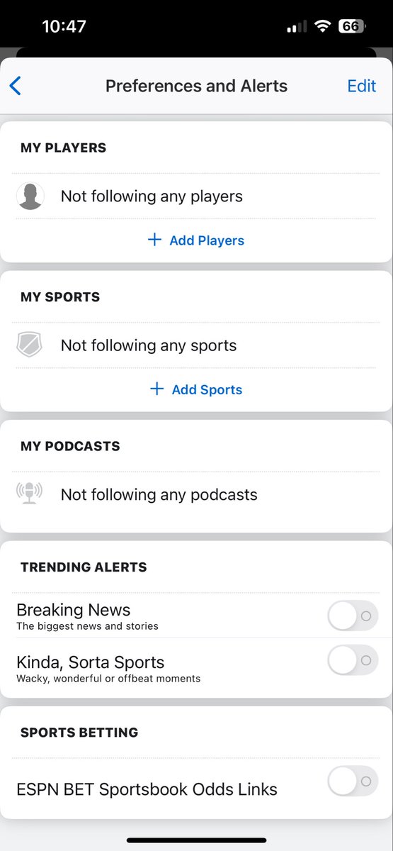 bjt42's tweet photo. @espn How do I stop getting Adam Schefter alerts? I don’t care about the NFL. It’s too many a day and annoying. My settings are below. https://t.co/1MRGOOHlW8