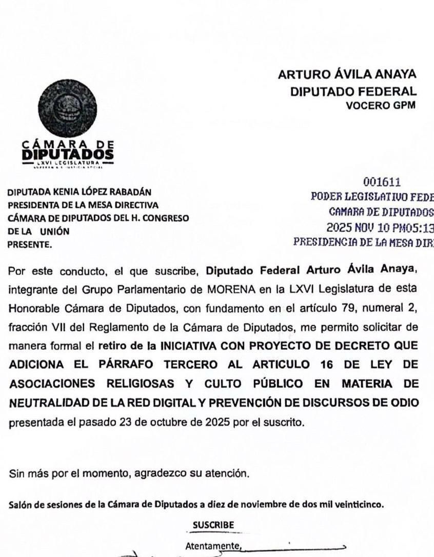Es oficial <a href="/arturoavila_mx/">Arturo Ávila.</a> retira su iniciativa. Ahora, construyamos una ley que armonice Ley de Asuntos Religiosos con la nueva Ley de Telecomunicaciones, sin censurar iglesias.