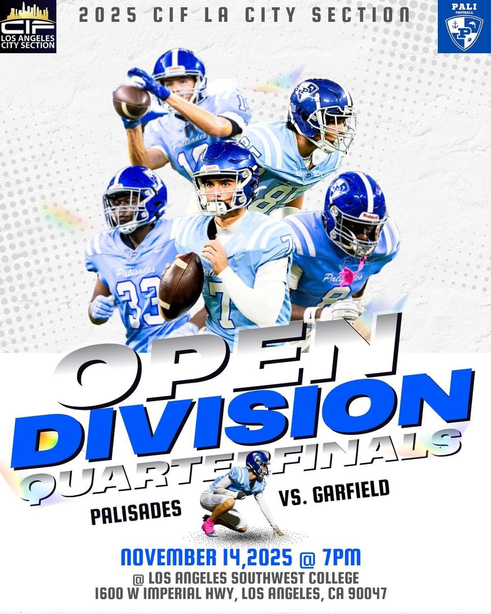 The moment we’ve been waiting for is HERE!

2025 LA City Section Open Division Quarterfinals 💪🏽
Palisades vs Garfield
📅 Friday, 11/14/25
🕖 7:00 PM
📍 Los Angeles Southwest College
🎟️ Ticket info to follow
Rain or shine - it’s PLAYOFFS time! 🌧️🏈