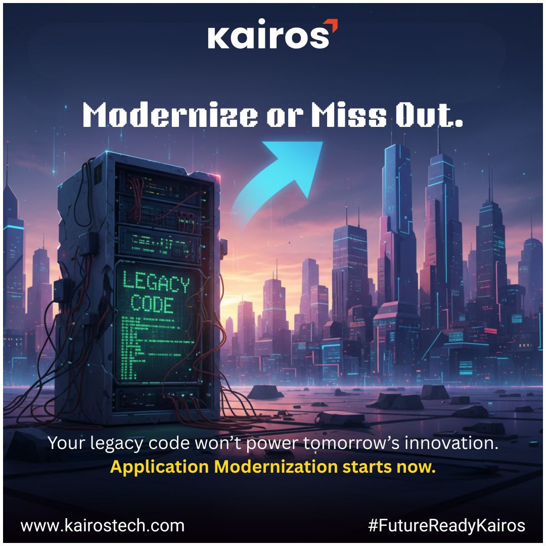 App modernization = business reset.
It’s about staying relevant:

Cloud-native scalability
AI-driven refactoring
Enhanced security
#APIs modernizing legacy systems

The result? Faster releases, leaner ops &amp; seamless experiences. What's holding you back?  kairostech.com/application-mo…